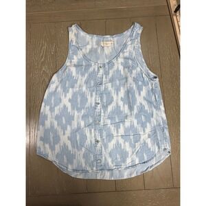 Chambrai Los Angeles Tank Top Tencel Womens  Large Blue Ikat Print Button Front